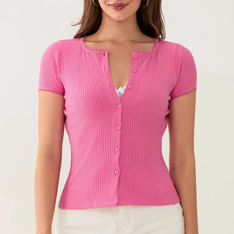 Women Button Up Ribbed Kint Sweater Picot Trim Cap Short Sleeve Shirt Slim Fit Open Front Casual Cardigan Tops