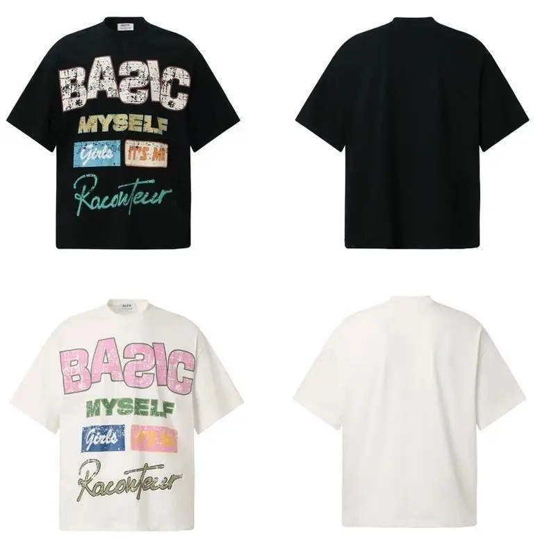 2026 Retro Stacked Typography Graphic T Shirt Colorful Worn Text Patch Print Casual Street Oversized Short Sleeve Men Women