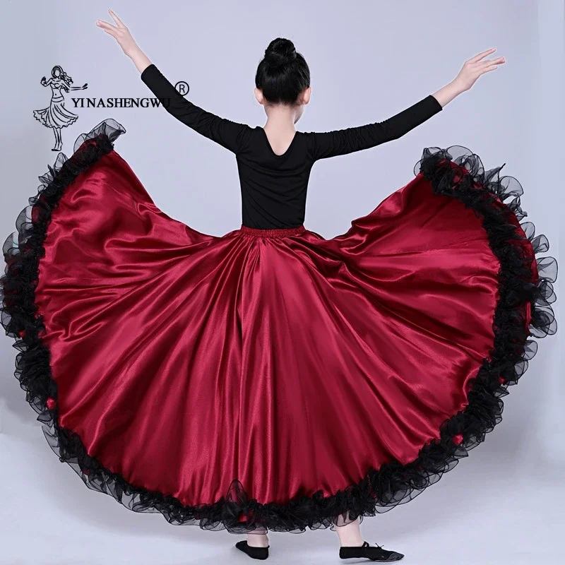 Falda lisa de satén Flamenco español con cordones trajes de danza del vientre femenino 360-720 grados niñas niños salón de baile vestido de madre e hija