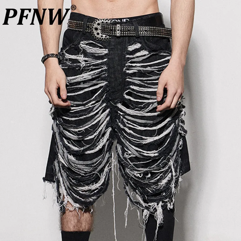 

PFNW Washed Worn-out Men's Knee-length Jeans High Street Personalized Denim Pants Stylish 2024 Summer Niche Design 28W3499