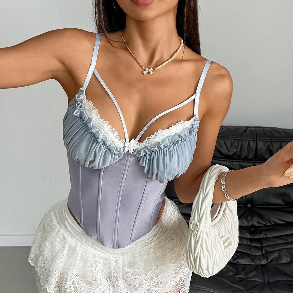 

Sexy Sheer Mesh Lace Trim Bust Cotton Cami Backless Corset Strap Slingback Tank Top Chic And Elegant For Women Fashion