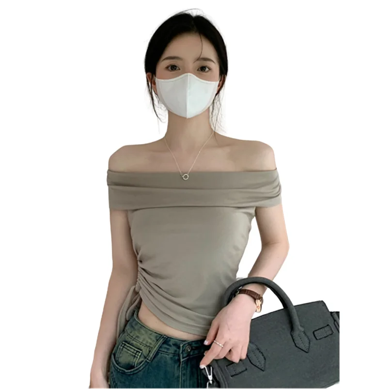 

Летние вязаные хлопковые женские укороченные топы с вырезом-лодочкой, модные облегающие однотонные блузки для вечеринок и клубов, стильные рубашки с драпировкой для женщин