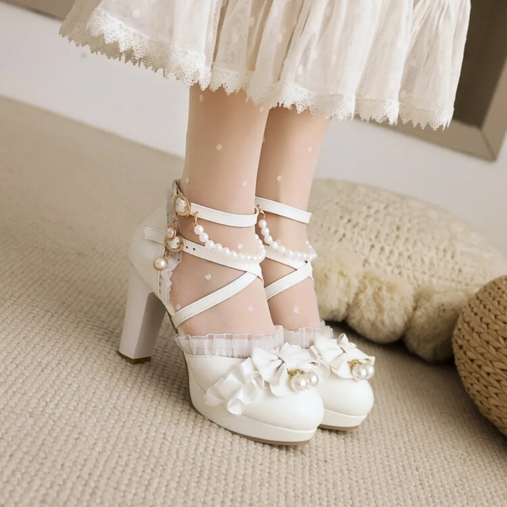 

9cm Cross Strap Women High Heels Mary Jane Shoes Party Wedding Pearls White Lace Ruffles Bow Princess Lolita Pumps Sandals 33-46