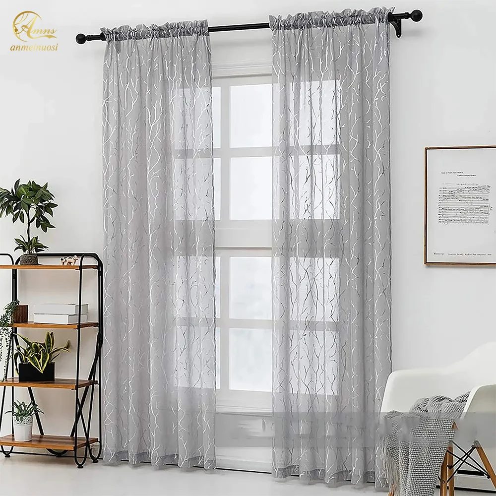 Window Curtain Soft Waves Shiny Translucent Tree Branch Silvery Sheer Curtains for Living Room Bedroom curtains for living room