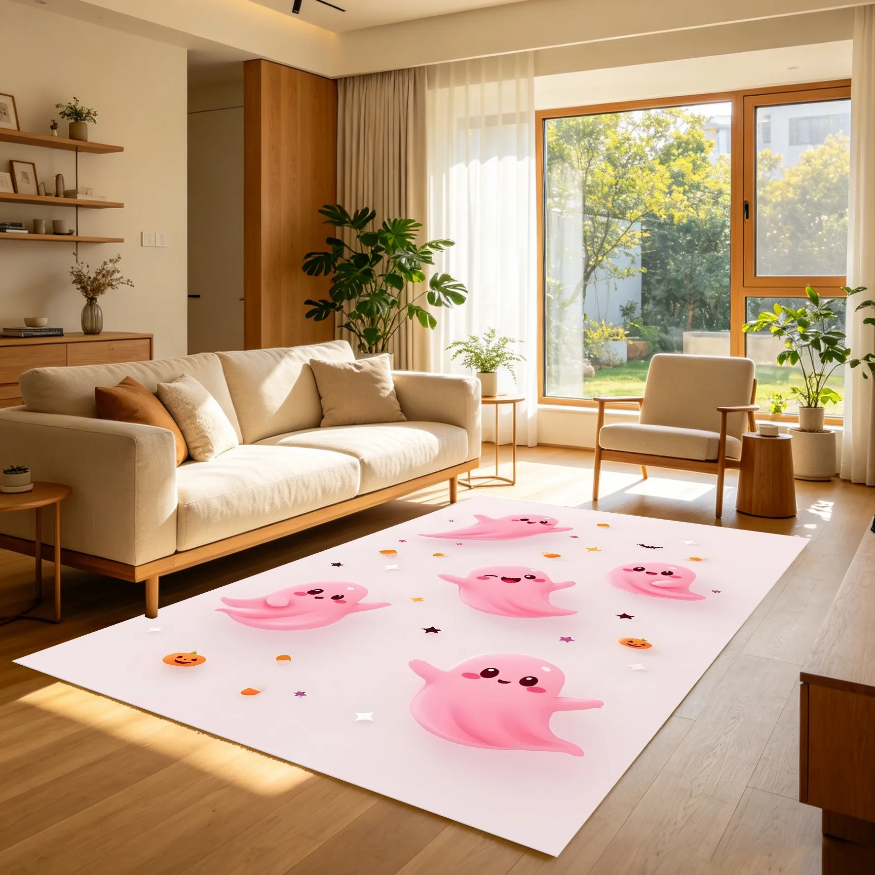 Pink Ghost Pumpkin Star Print Halloween Velvet Rug for Bedroom Bedside Living Room Relaxing Lively Decor