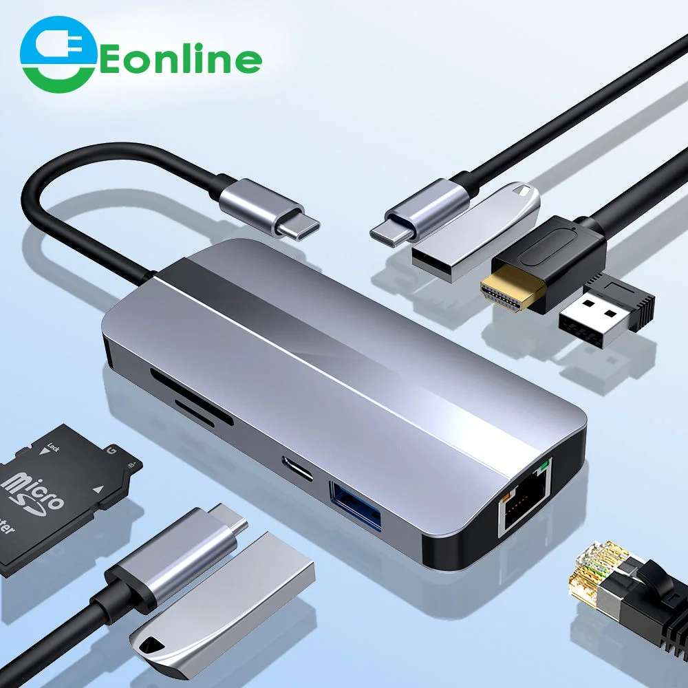 

EONLINE HUB Type C to HD-compatible 3.0 Adapter PD Type C HUB Dock 4K RJ45 For MacBook iPad Pro Air USB C Splitter