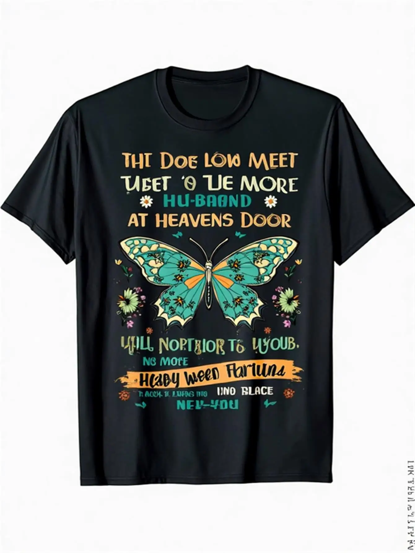 

Men's Black Cotton T-Shirt with Colorful Butterfly and Tibetan Prayer Motifs, Short-Sleeved Crew Neck Casual Shirt, Vibrant Turquoise and Gold Spiritual Symbols, Machine Washable, Suitable for Everyday Wear and Tibetan New Year Gift, Losa Zongba Shu