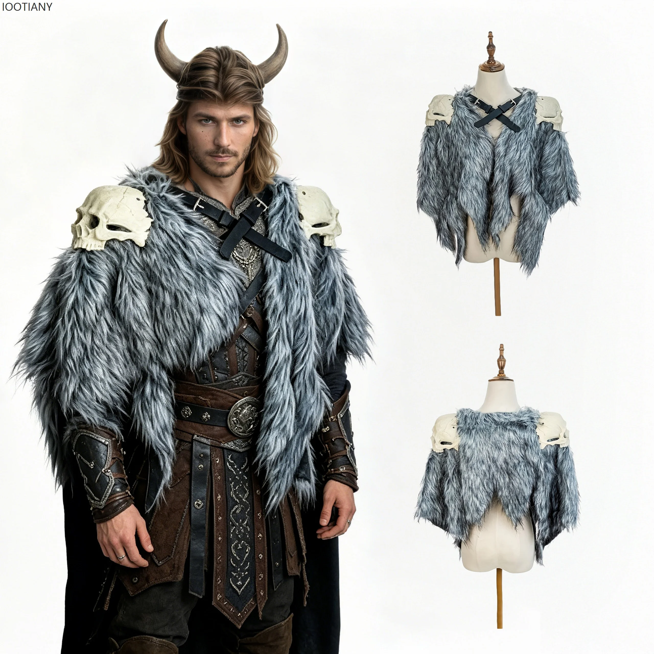 IOOTIANY Men Medieval Faux Fur Collar Retro Shoulder Wrap For Halloween Renaissance Cosplay Costume Props Norse Warrior Armor