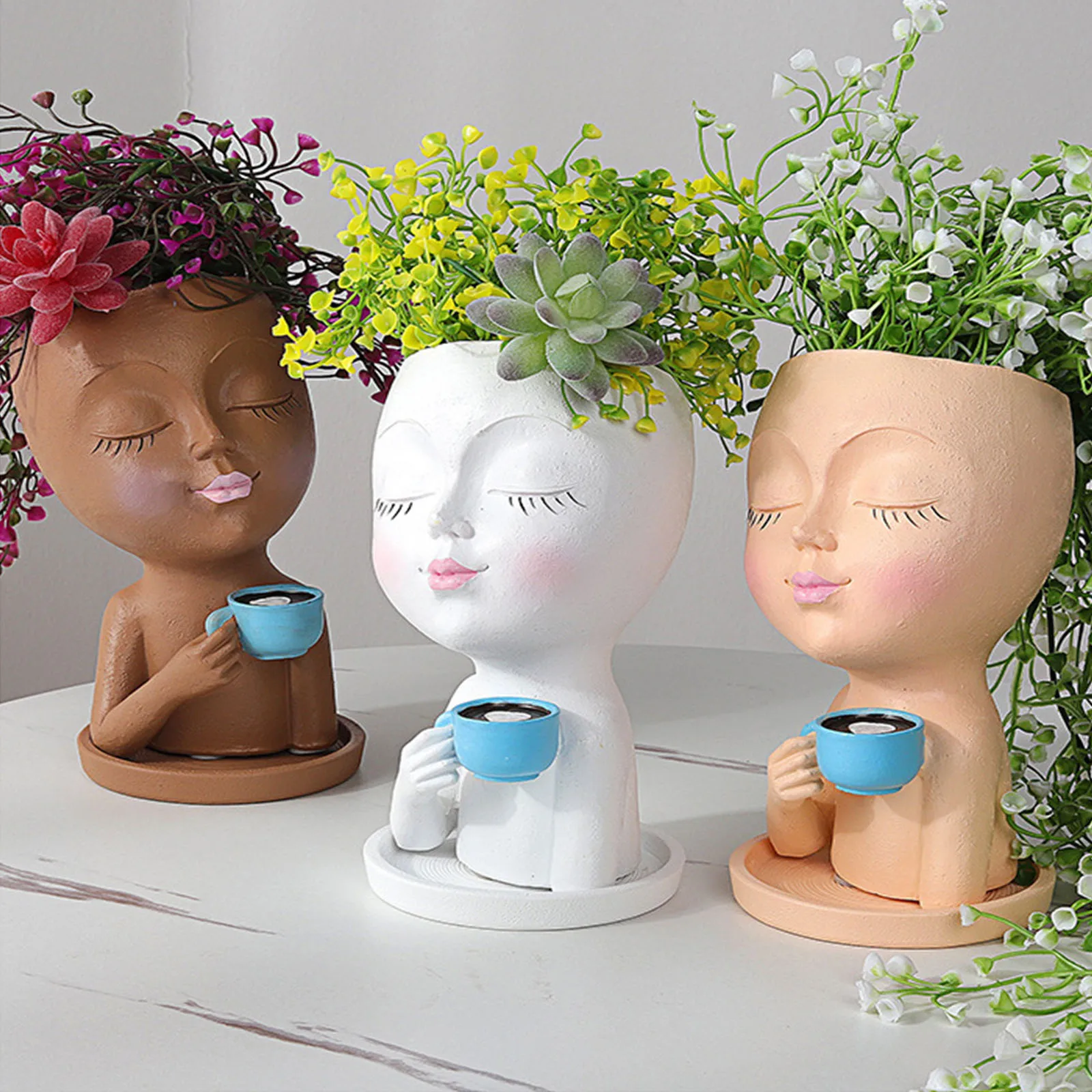 Head Planter Pot Face Flower Pot With Drainage Hole Handmade Unique Creative Multicolor Resin Girl Face Flowerpot