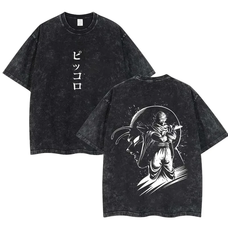 Piccolo T-Shirt Dragon Ball Z Herren Vintage Acid Wash Übergroßes Baumwoll-T-Shirt mit Japanischer Katakana-Namenssilhouette Anime-Grafik