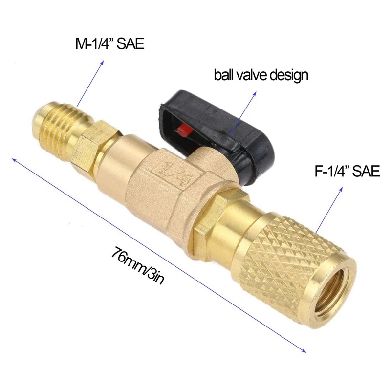 6Pcs Brass R410A Refrigerant Straight Ball Valves AC Charging Hoses Brass 1/4 Inch Male To 1/4 Inch / 5/16 Inch Female