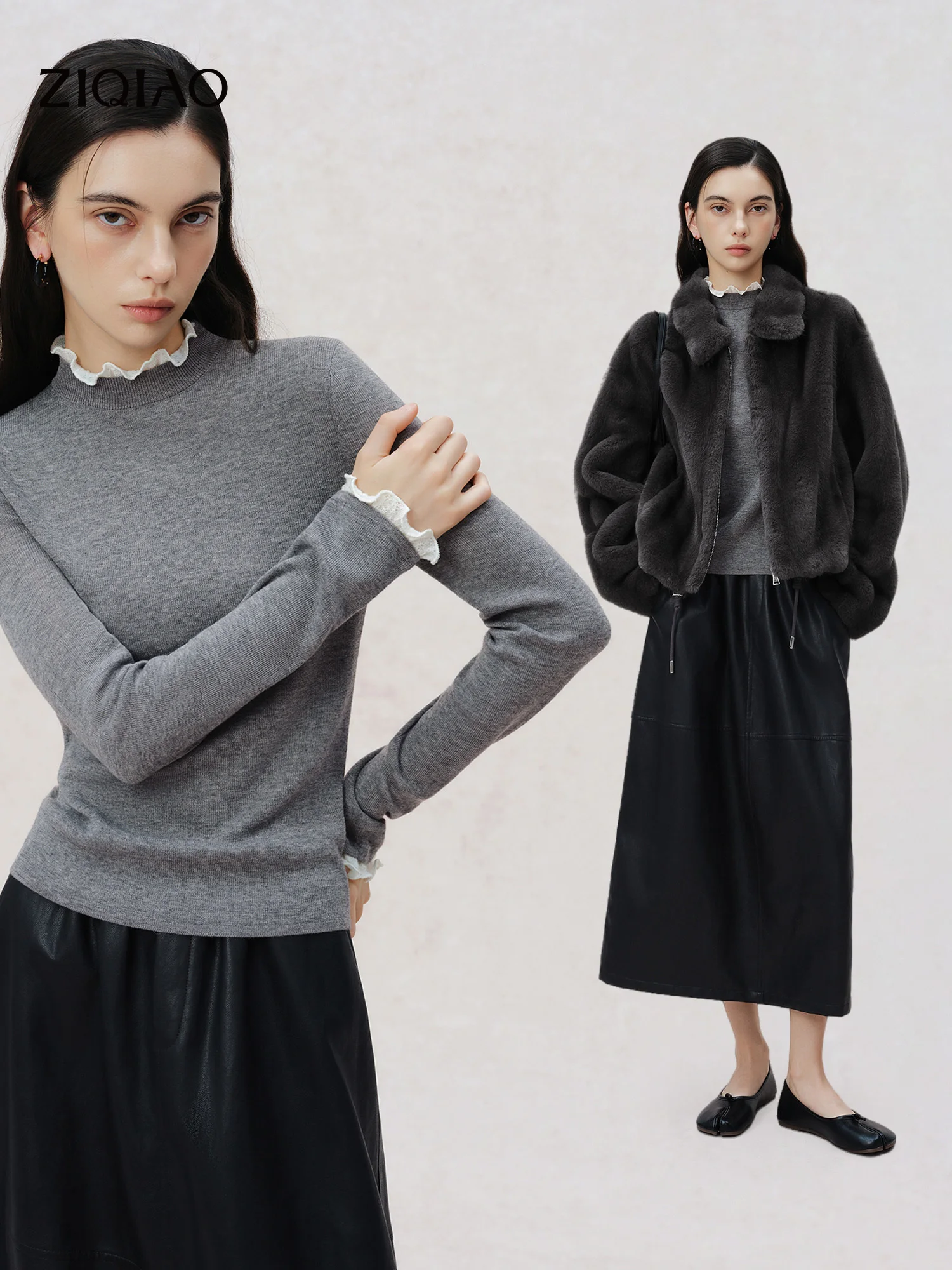 ZIQIAO Gentle Lace Trim Fitted Wool Sweater Straight Shoulders New Winter Style for Women 2026 Sweet Simple Basics Pullovers