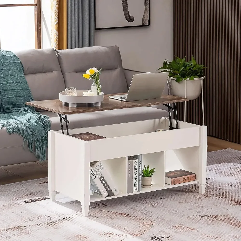 White Coffee Table with Lift Top, Lift Up Coffee Table with Storage Shelf/Hidden Compartment, Pop Up Coffee Table