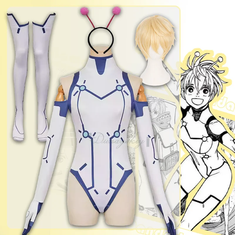 

Bamora Cosplay Costume White Bodysuit Battle Suit Anime Dan Dadan Alien Antennae 30CM Wig For Halloween Party Carnival Suit