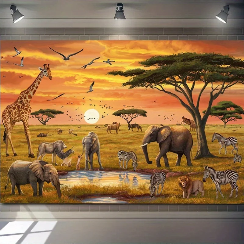 African Safari Sunset Giraffe Elephant Zebra Waterhole Tapestry 2D Flat Printing Wall Hanging Backdrop forLiving RoomOfficeDecor