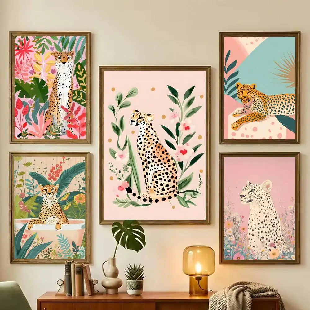 Cheetah Bathtub HD Wall Art Poster Boho Jungle Botanical Tropical Maximalist Eclectic Bathroom Kids Room Home Decor Gift
