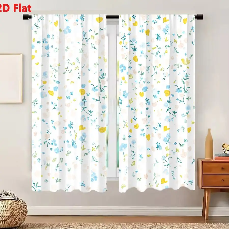 2Pcs Curtains 2D Flat Delicate Floral Pattern On Soft Off-white Background With Pastel Blue Yellow And Pink Watercolor Design Wi