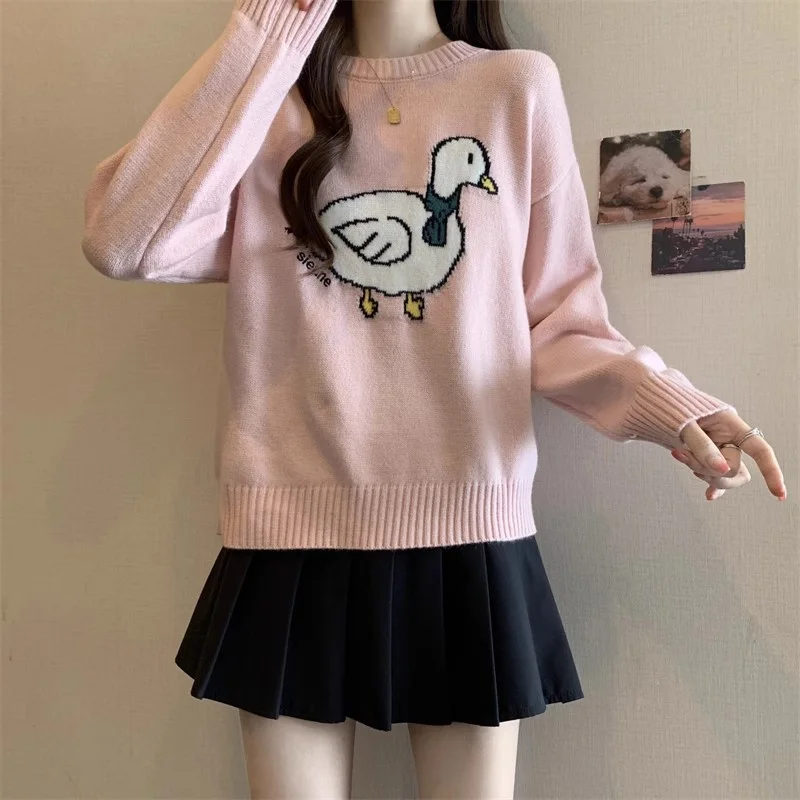 Cartoon Cute Hand-painted Duck Simple Crew Neck Long Sleeve Versatile Casual Simple Knitted Sweater Pullover Ins Top