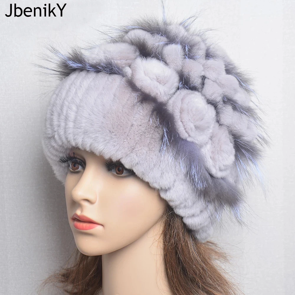 

Female Real Genuine Rex Rabbit Fur Cap Russian Winter Knitted Real Rex Rabbit Fur Hat Women Real Rabbit Fox Fur Skullies Beanies