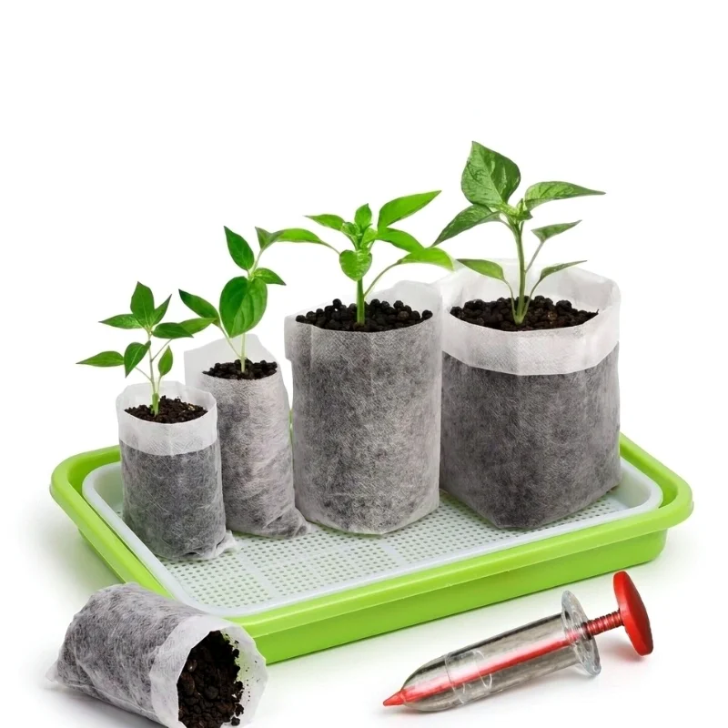 Seed Starter Kit, 100 Pcs Nursery Bags 8x10cm with Dense Cell Seedling Tray and Syringe Seed Dispenser, Garden Grow Set