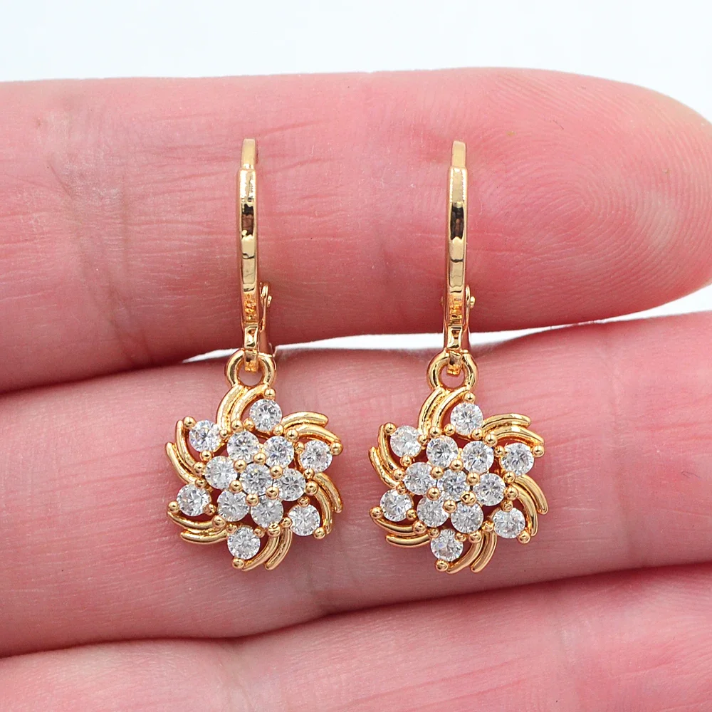 Gold Color Fashion Clear Zircon CZ Pinwheel Flower Dangle Earrings for Women