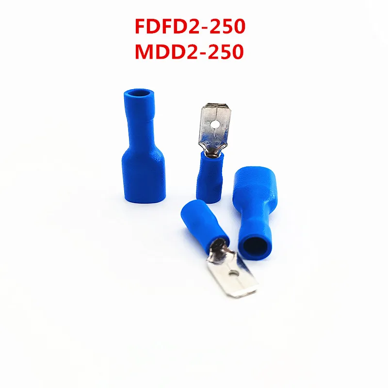 100pcs 50PAIRS Fdfd2-250 Mdd2-250 6.3mm Blue + Spade Insulated Electrical Crimping Terminal Connector Wiring Cable Plug