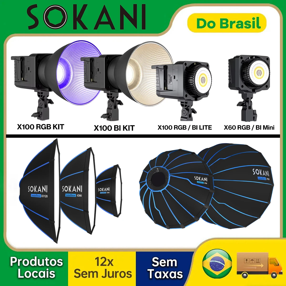 【DO BRASIL】Luz de Vídeo LED RGB Bicolor Sokani X100 X60 com Softbox da Série Sokani instaSBox para Gravação de Vídeo ao Ar Livre