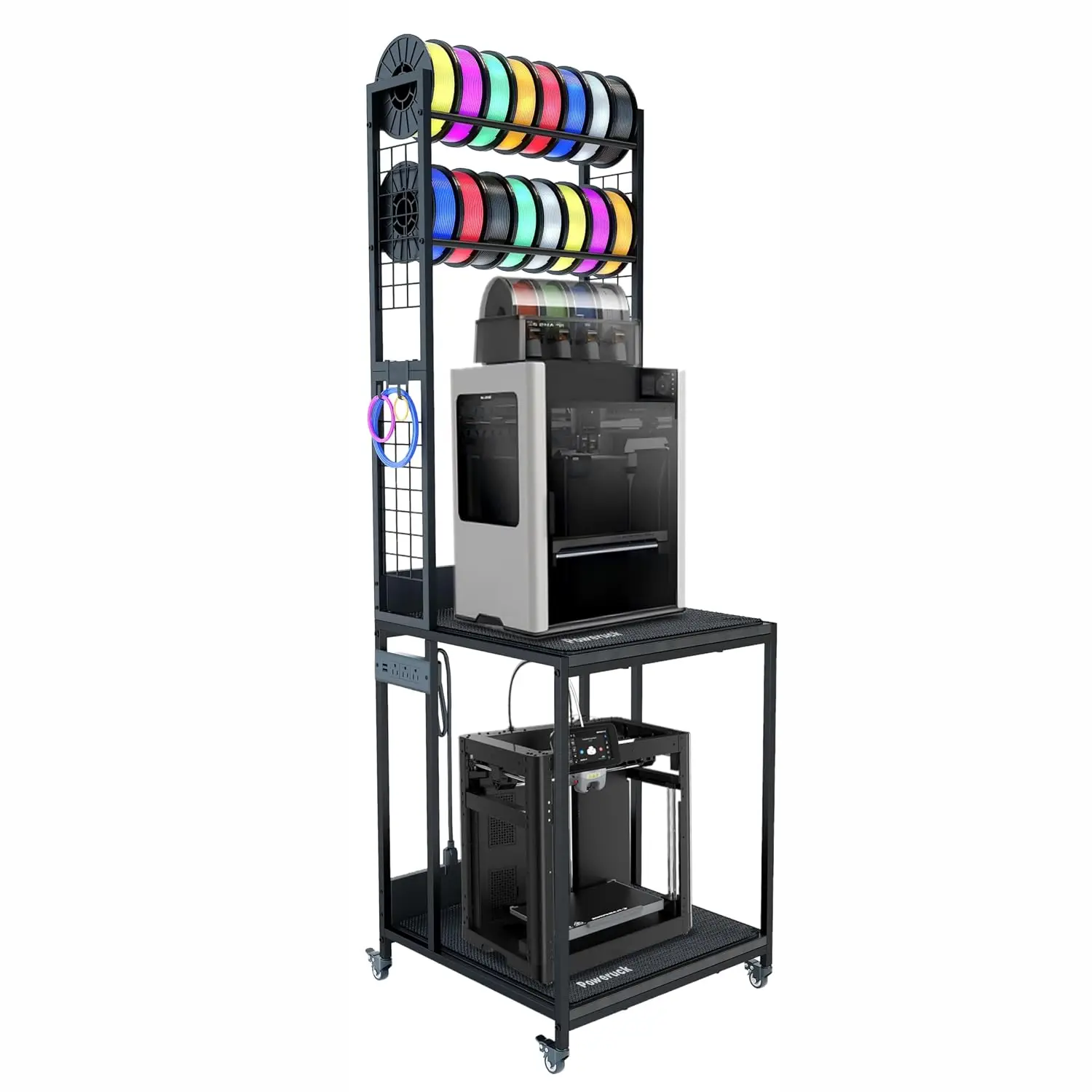 Large 3D Printer Stand Power Hub High Density Polymer Vibration Damping Pads Elevated Storage Locking Wheels