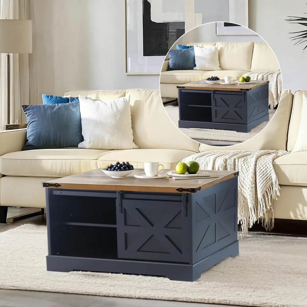 Farmhouse Lift Top Coffee Table with Hidden Storage Square Coffee Table Sliding Barn Door and Adjustable Shelf Rustic Wood Cente