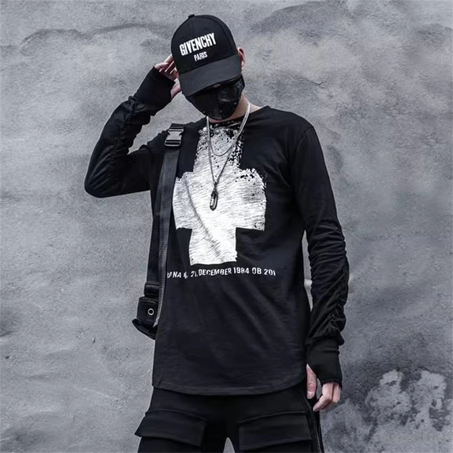 Hip Hop Long Sleeve T-Shirt Men 2025 Spring Cross Personalized Graphic T Shirts Streetwear Tops Tees Black Harajuku TShirt