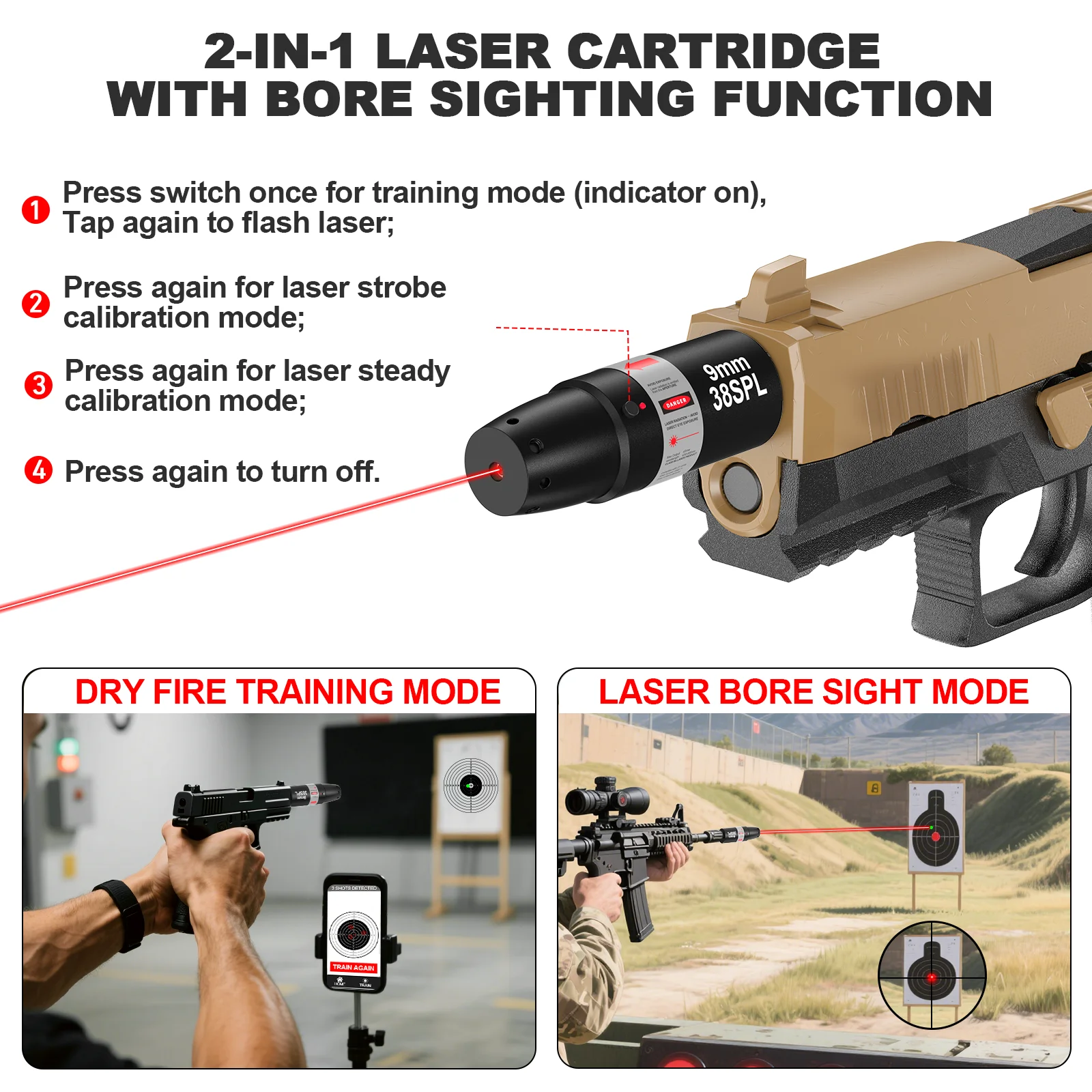 مدرب ليزر ثنائي الغرض 9 مم.38spl مع وظيفة المعايرة، معايرة ثابتة عالية الدقة لقفل الهدف