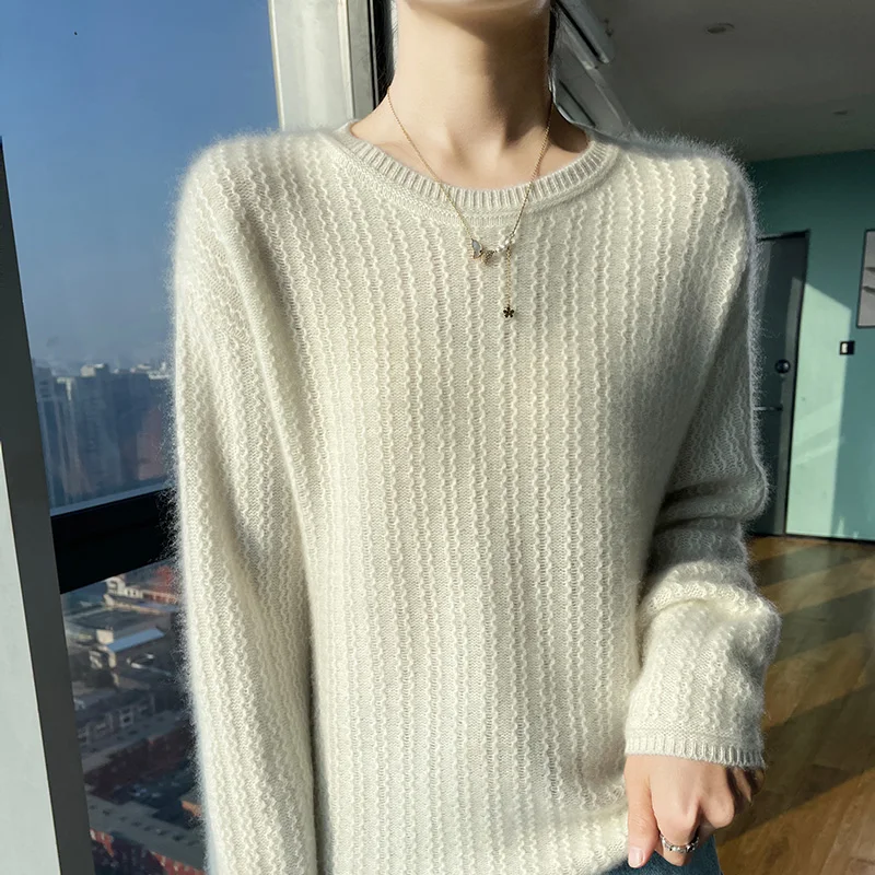 Sweater wol wanita rajut leher bulat, baju dasar mode pas badan, atasan longgar, barang baru musim gugur dan musim dingin, Pullover rajut leher bulat, pakaian wanita 100%