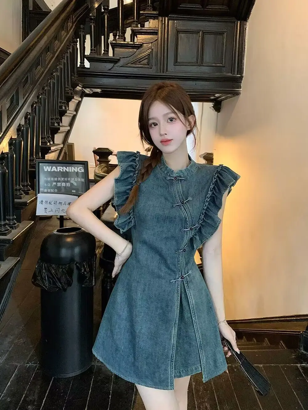 2024 New Chinese Style Trendy Women's Slim and Fashionable Retro Flying Sleeves Denim Dress