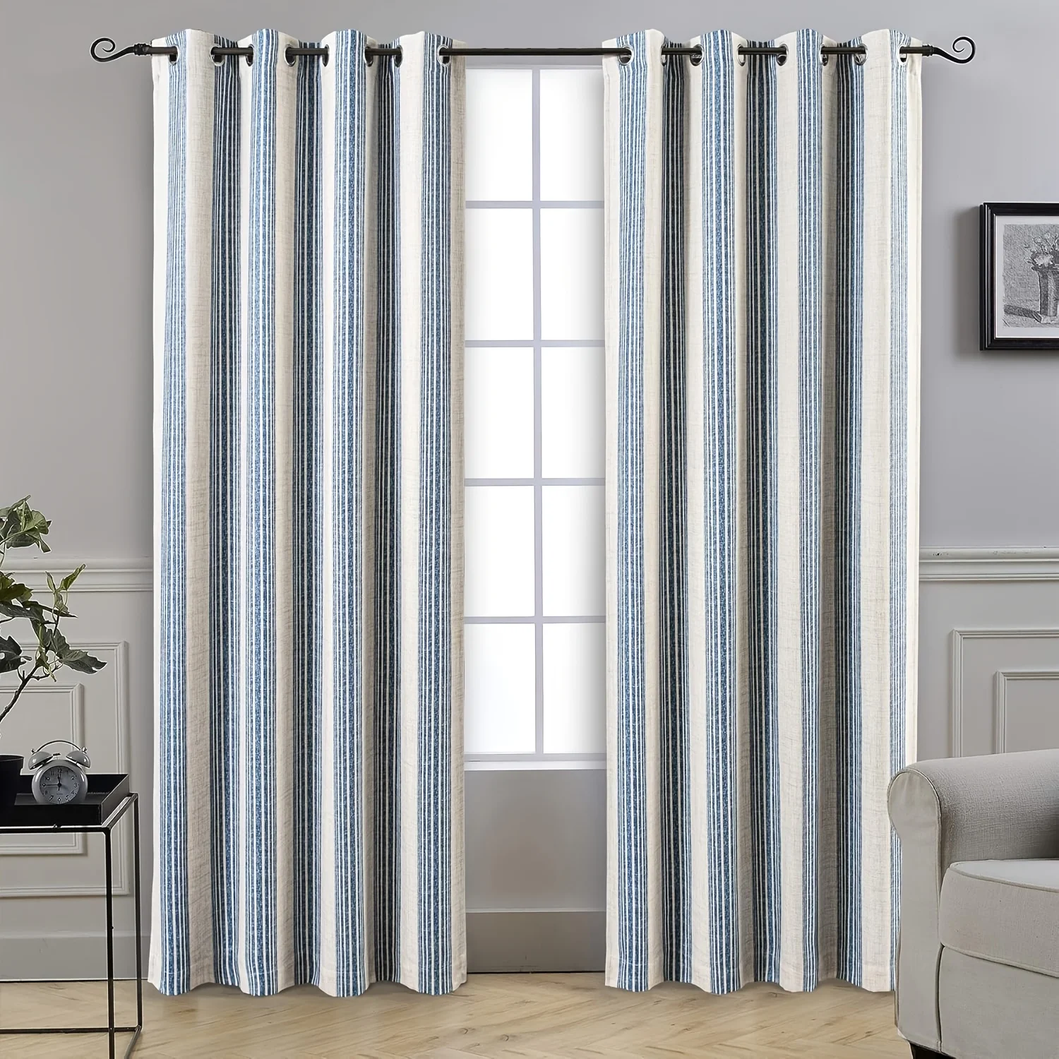 2 Panels Vertical Striped Linen Blend Lined Thermal Insulated Blackout Grommet Curtains