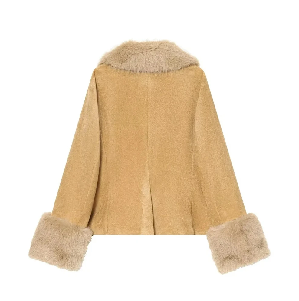 เสื้อแจ็คเก็ตสูทแขนยาวทรงเข้ารูป ผ้าหนังกลับลายขนสัตว์เทียม สำหรับฤดูหนาว ดีไซน์แฟชั่นใหม่สำหรับผู้หญิง อุ่นสบาย