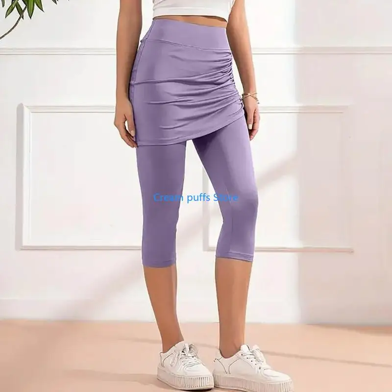 50LE Womens Leggings Tummy High Skirted Leggings Drawstring Side Ruched Fit Workout Bottom