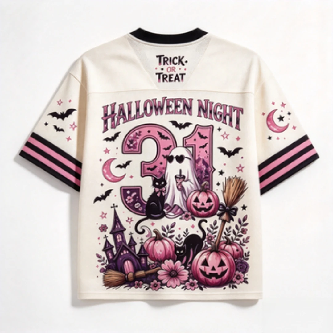 Sweet Halloween Cute Ghost Pumpkin Cat Castle No. 31 Printed V-neck Mesh No Sugar Trick Pink Pumpkin Bat Witch Broom Sports Top
