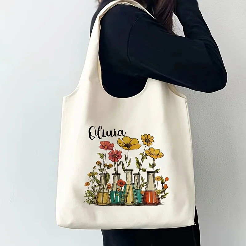 Personalized Floral Science Pattern Tote Bag Custom Name Biology Laboratory Chemist Medical Lab Tech Technician Bag