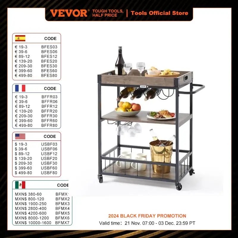 VEVOR 3-Tier Bar Wine Rack Cart Kitchen Food Truck on Wheels Vintage Mobile Serving Trolley w/MDF Board Steel Frame 110/300lbs