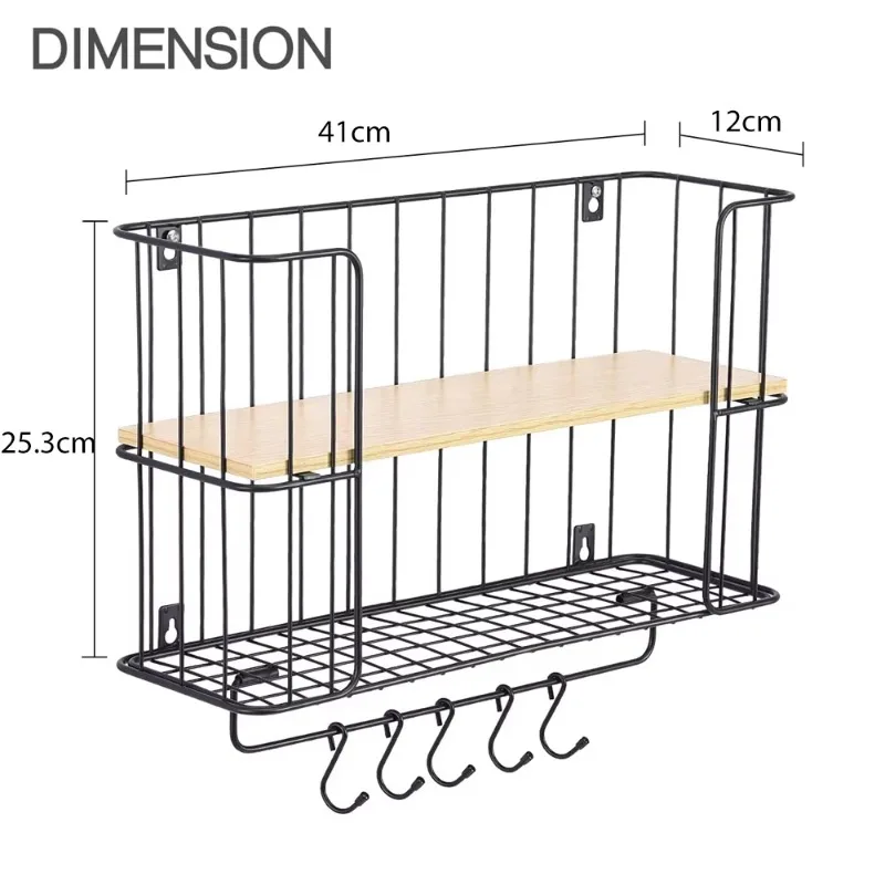 

Wall Hanger Bathroom Organizer Hanging Basket Door Pantry Storage Rack Wood Wall Mount Shelf Floating Shelves with Hooks