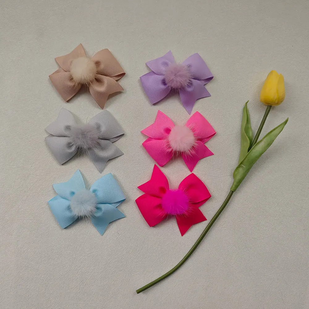 50PCS Elegant Bow Hair Clips With White Pom-Pom Sparkling Velvet Hairpins Christmas & New Year Party Hair Accessories For Girls