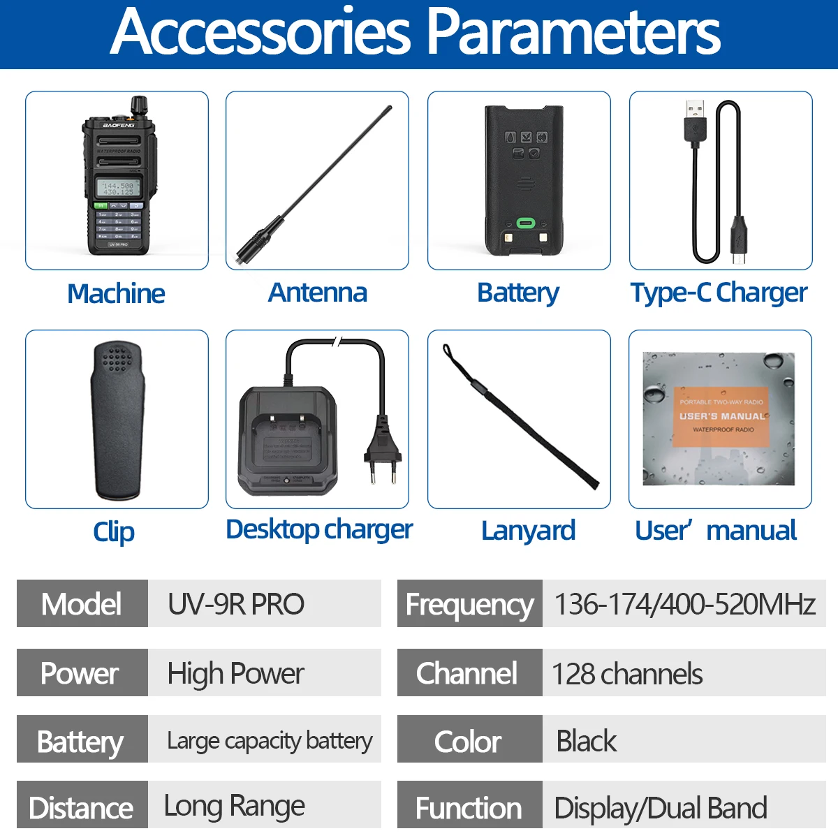 Baofeng pengisi daya Walkie Talkie UV 9R PRO V1, IP68 tahan air kekuatan tinggi Dual Band UHF VHF tipe-c pengisi daya jarak jauh Upgrade Radio CB 9R