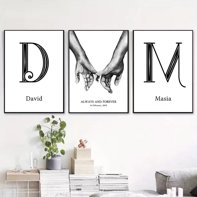 3 PCS Personalized Initials Name Date Canvas Posters Print Customized Modern Minimalist Lover Wall Art Home Decor Wedding Gift