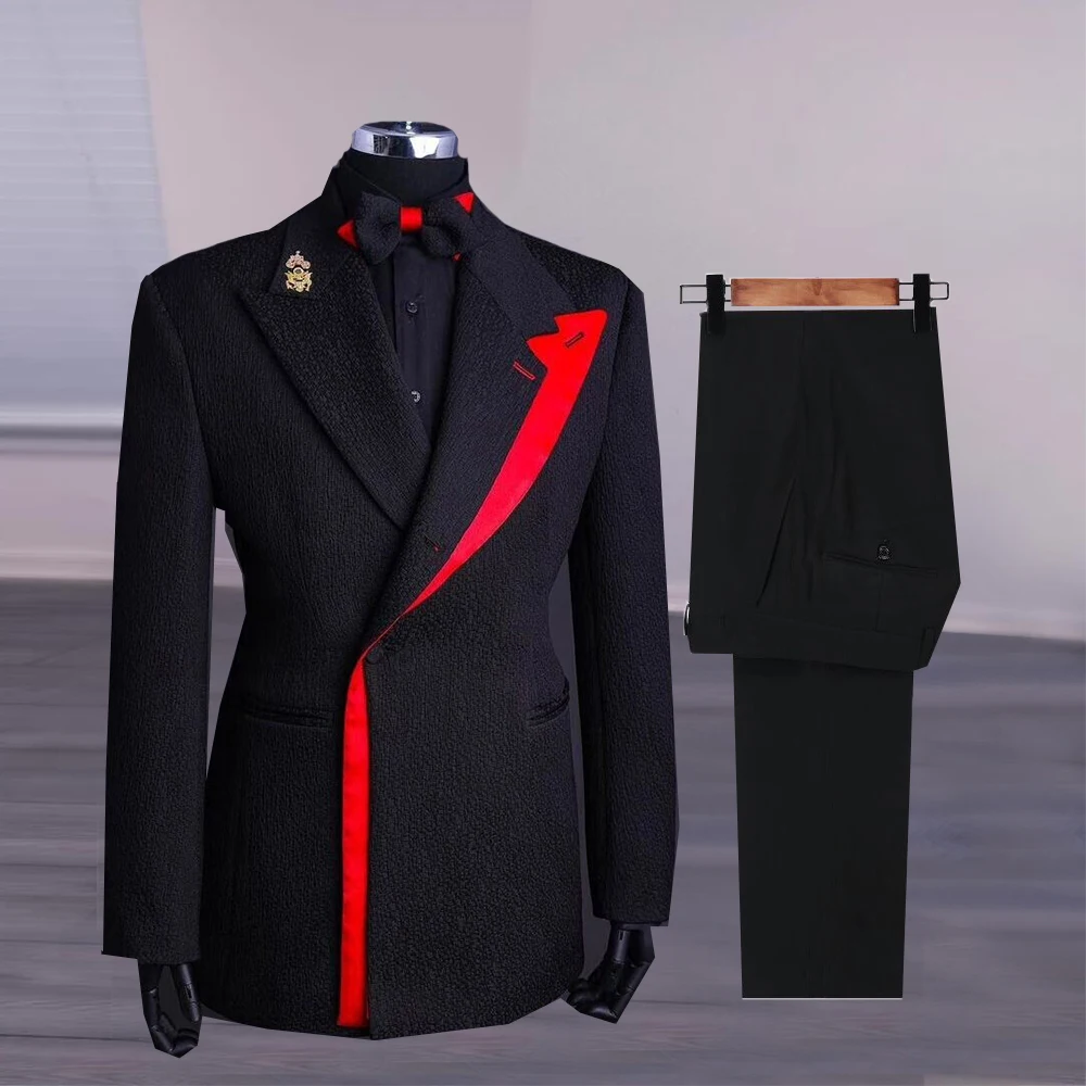 Customized Double Breated Mens Suit Black & Red Patchwork Blazer Pants 2 Pieces Groom Wedding Tuxedo Plus Size  Ropa De  Hombre
