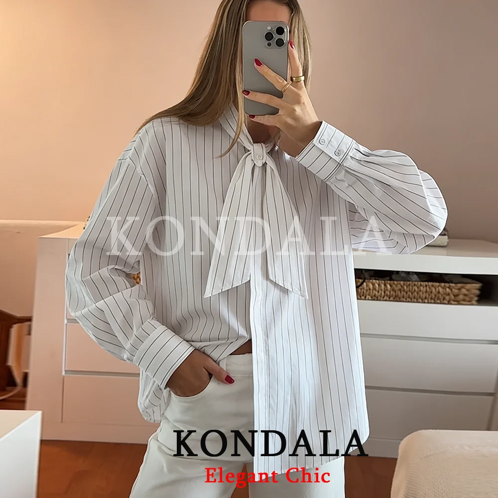 

KONDALA Women Trendy Striped Shirts Scarf Collar Long Sleeve Single Breasted Blouse New Fashion 2026 Spring Casual Lady Shirts
