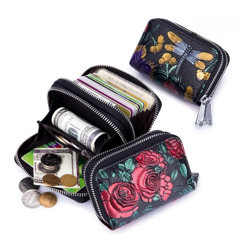 Women Fashion Small Zipper Wallet with Coin Purse Genuine Leather Floral Purses Ladies Cute Mini Vintage Small Card Pack Wallet