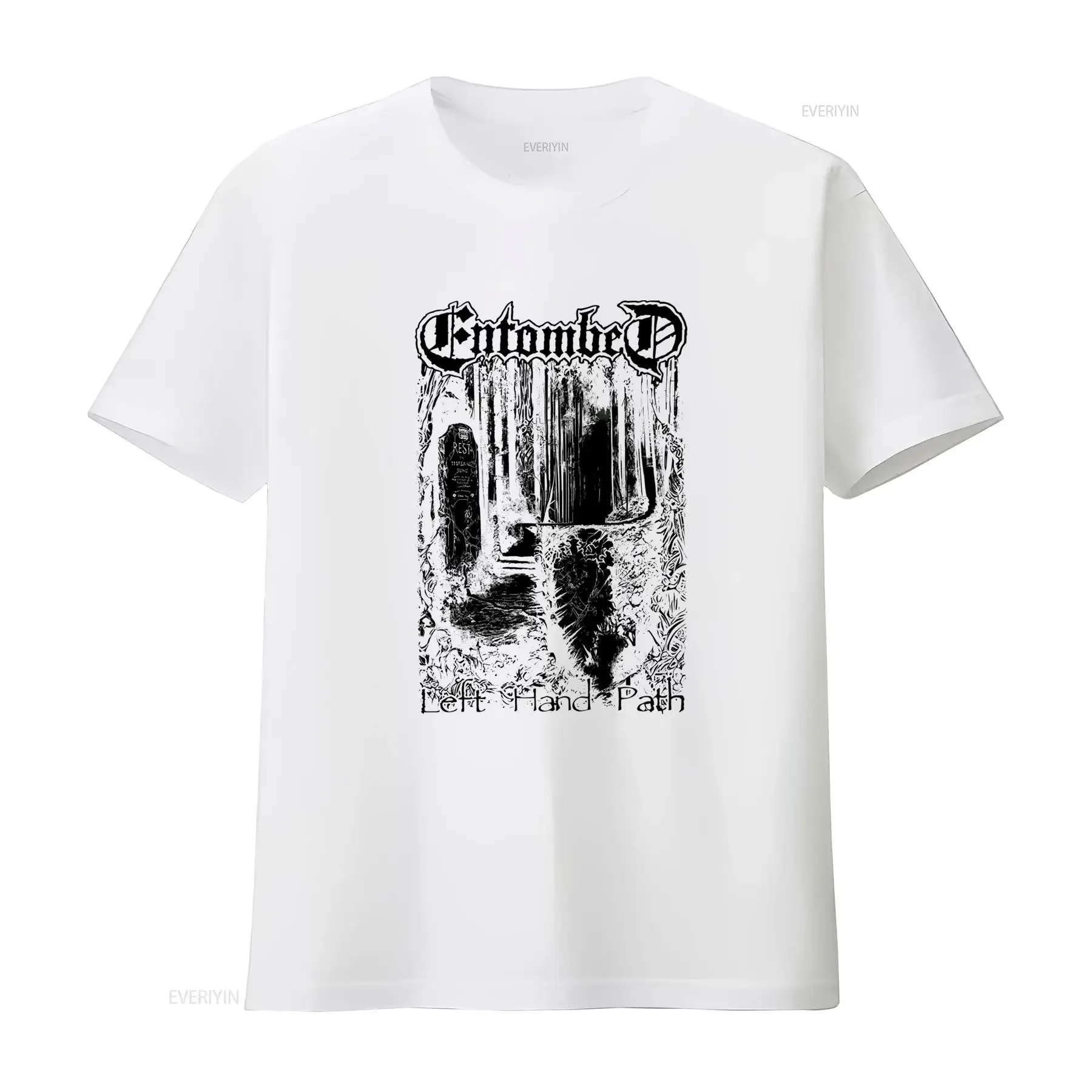 Entombed Left Hand Path White Death Metal Band T Shirt for Men Rock Music Fans vintage Washed fashion Stretched Casual