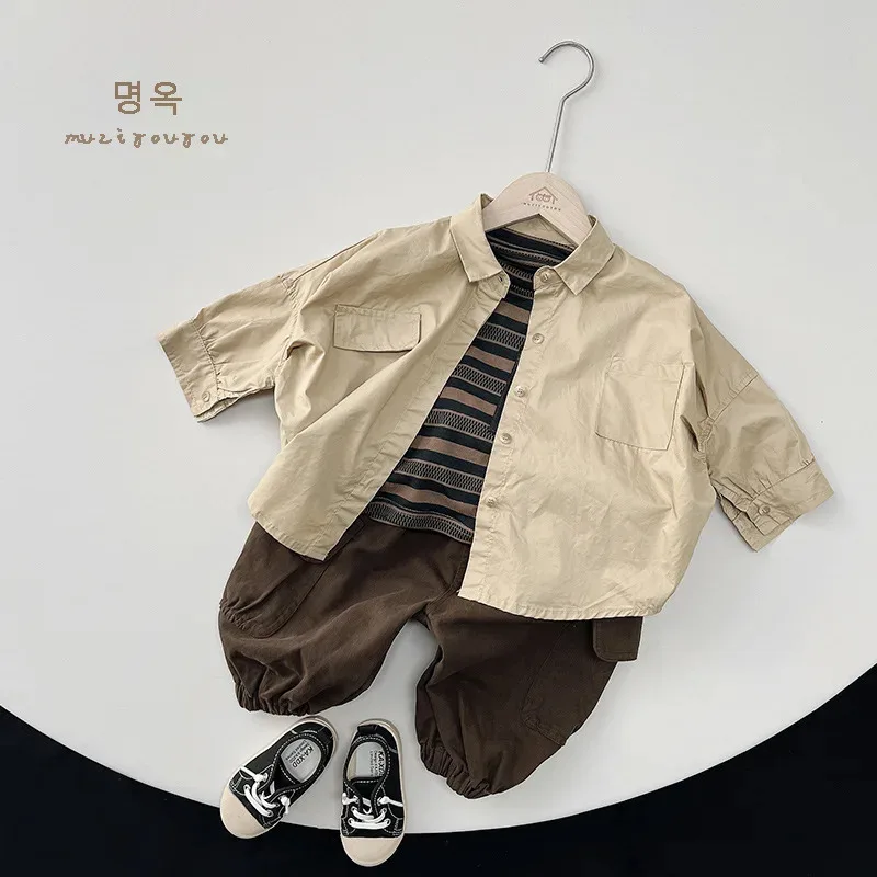 Pantalones Cargo lisos de primavera para niños, pantalones deportivos holgados y versátiles a la moda, pantalones Vintage de Boutique de algodón con pies atados