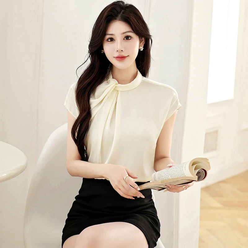 Blouse Women 2025 Summer New Pearl Bubble Champagne Womens Tops Korean Reviews Many Girls Clothes Asymmetric Stand Collar Shirt