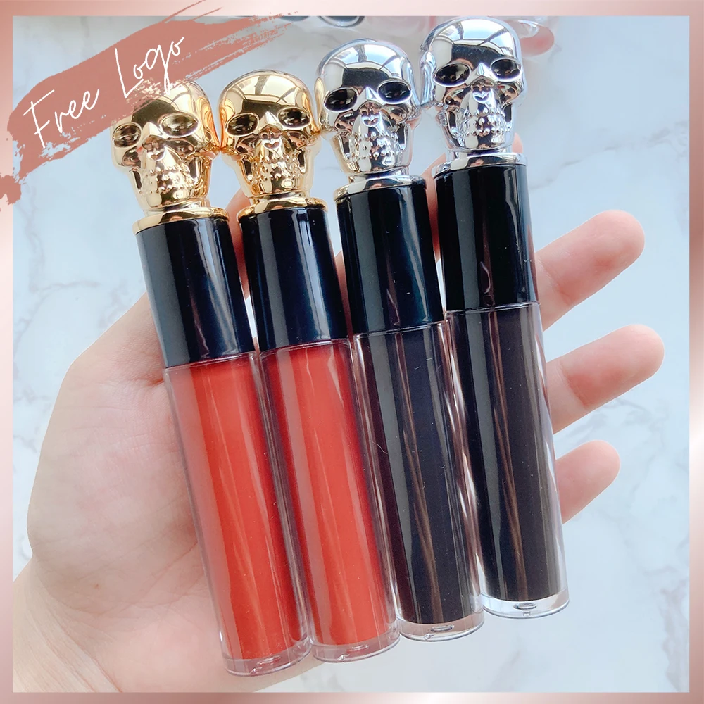 

Custom Logo Matte Liquid Lipstick with Skull-Shaped Tube Halloween Cosmetics Makeup Lip Gloss Nude Shades Brown Transparent